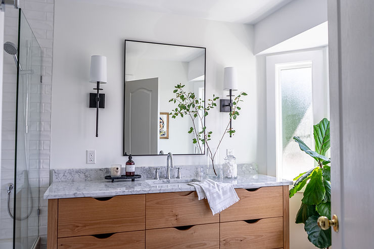 Contemporary bathroom, wood vanity, marble top