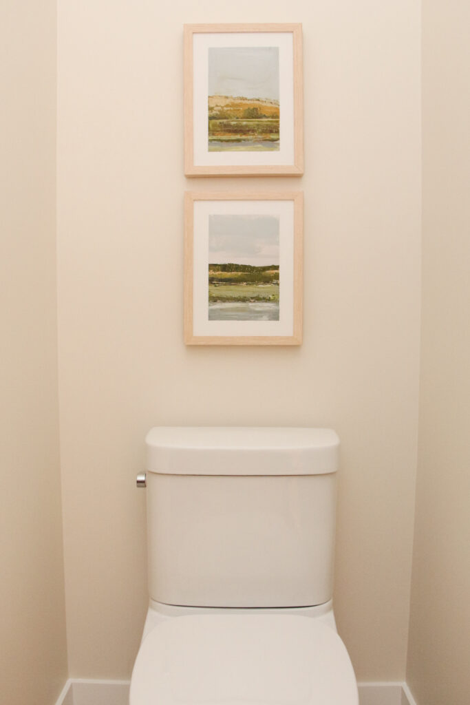 Toilet with artwork, Benjamin Moore Dove Wing