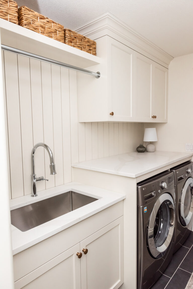 Cream Laundry room shiplap backsplash