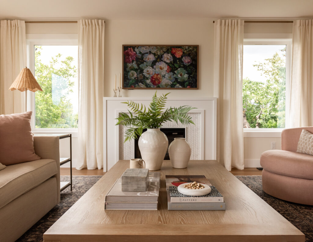 windows flanking fireplace