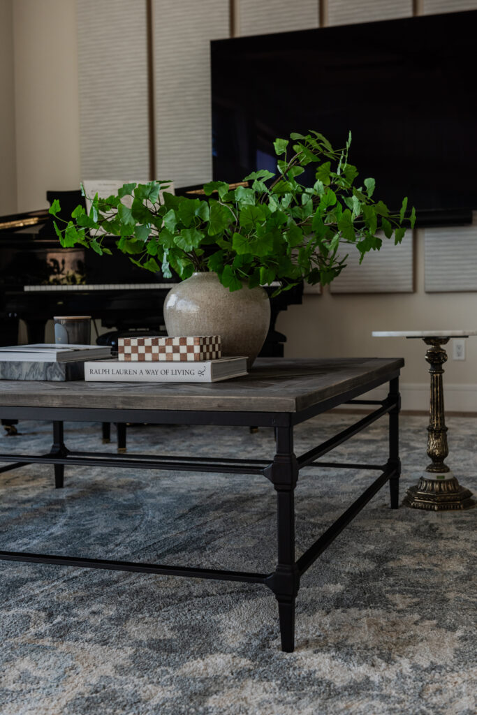 Living Room coffee table styling with grand piano and decorative acoustic panels