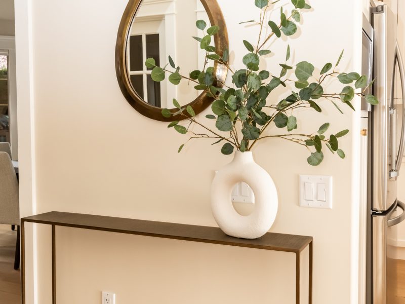 Entry Console styling vase eucalyptus teardrop gold mirror