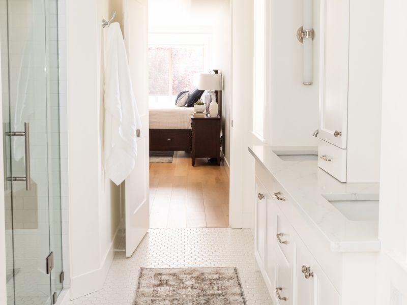 Traditional white ensuite hexagon floor tile
