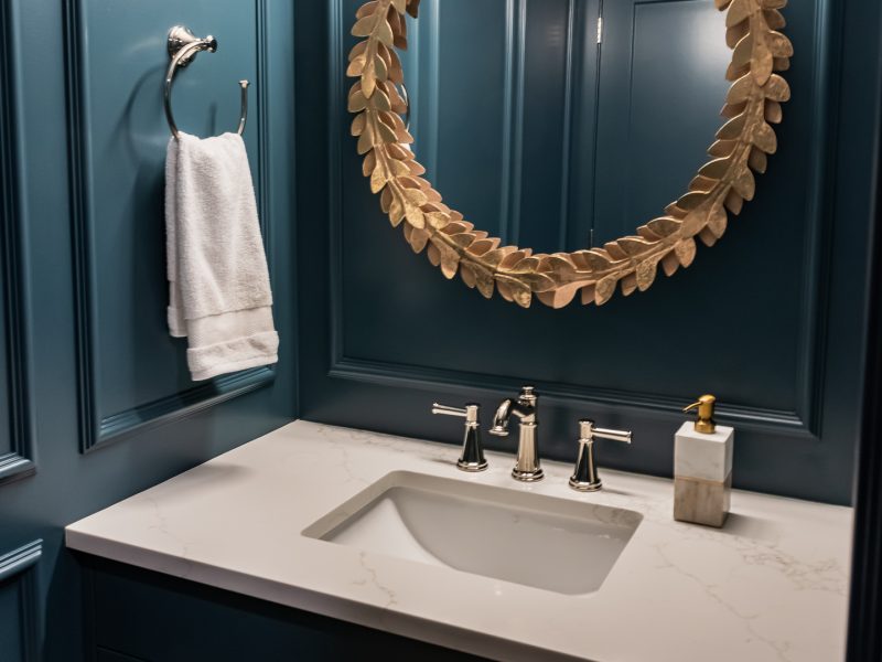 Moody colour drench Blue Powder Room with picture frame moulding